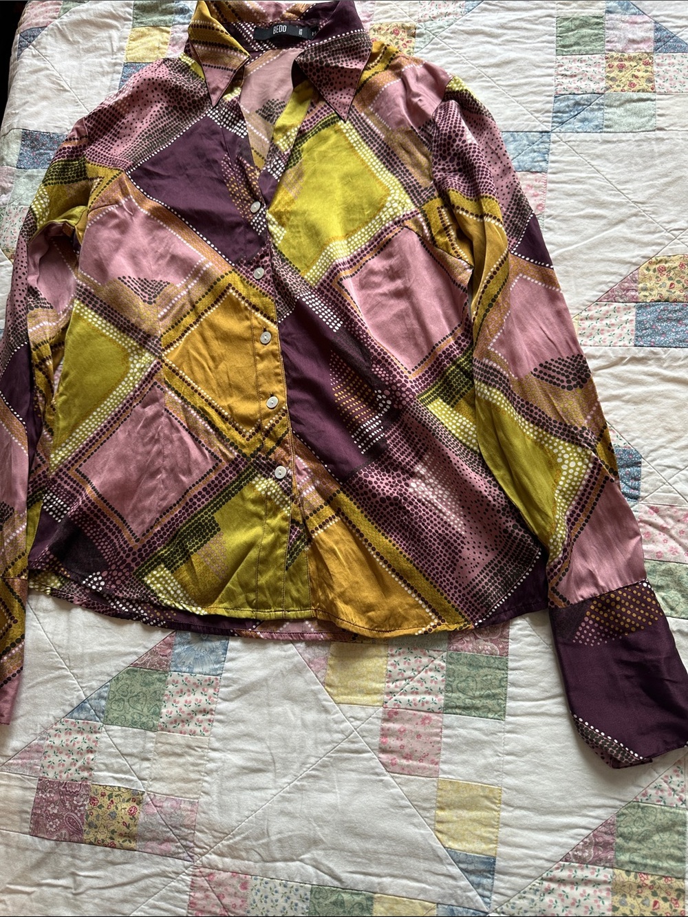 N—Geometric Silk Print Button-Up Blouse in Plum, Mustard & Dusty Pink